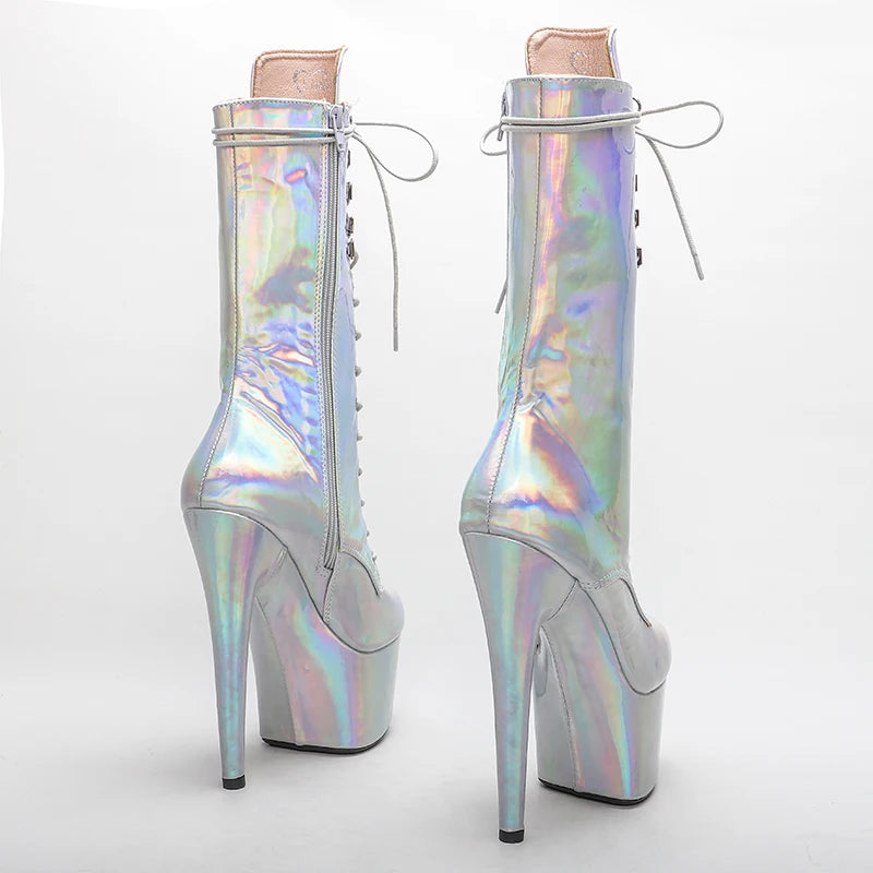 Leecabe Silver holo 17CM/7 pouces Chaussures de pole dance Bottes à talons hauts et plateformes Bottes de pole dance