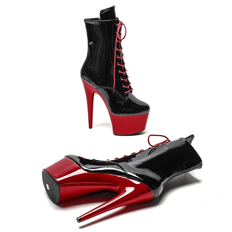 Leecabe Shinny Black Upper with RED Platform 17CM/7inches Pole dancing High Heel platform Pole Dance Boots