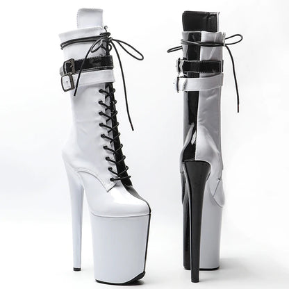 Leecabe 23CM/9inches Patent upper white color   with black color  Two color Mix Sexy boots  High Heels Platform Pole Dance shoes