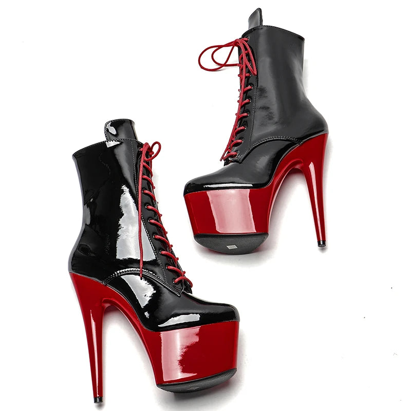 Leecabe Shinny Black Upper with RED Platform 17CM/7inches Pole dancing High Heel platform Pole Dance Boots