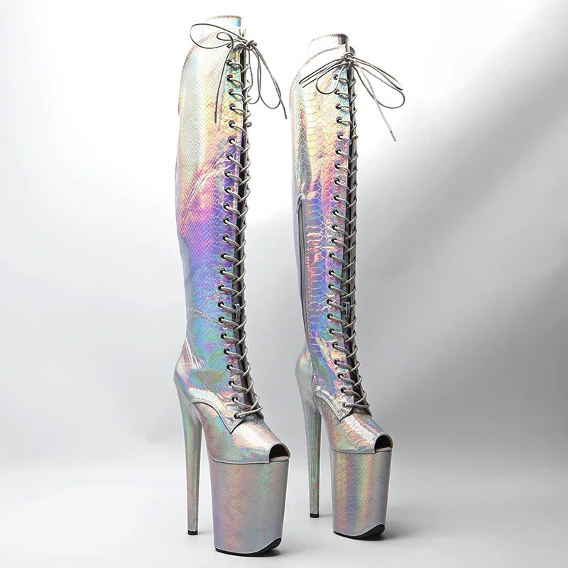 Leecabe 23CM/9 pouces brillant serpent PU bout ouvert mode dame talon haut plate-forme Pole Dance bottes