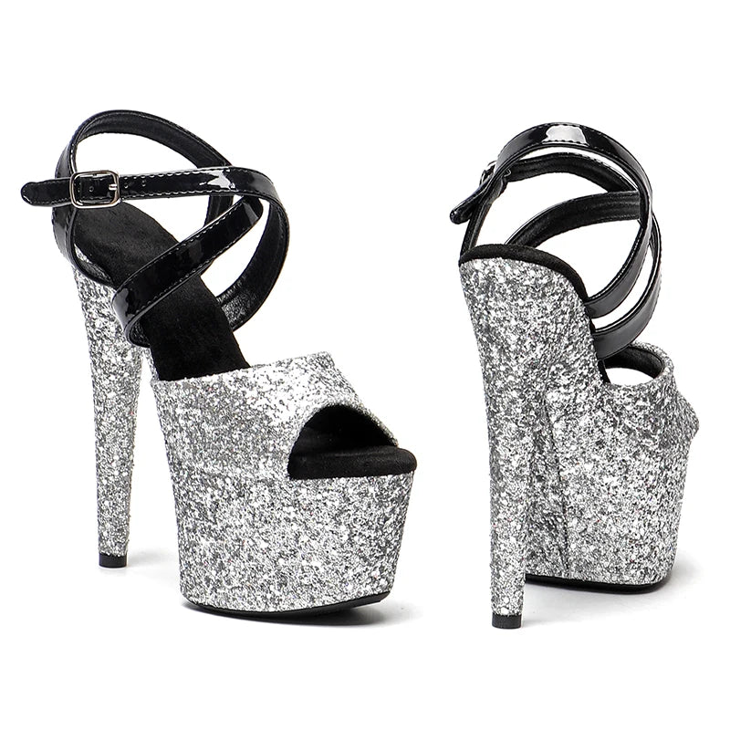 Leecabe 17CM/7Inch   Black  shiny Patent PU with   Silver Glitter party  Platform High Heels Pole Dancing Sandals Shoes