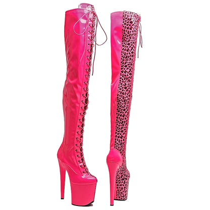 Leecabe 20CM/8 pouces PU verni brillant avec léopard Bottes à talons hauts à la mode et sexy Bottes de pole dance