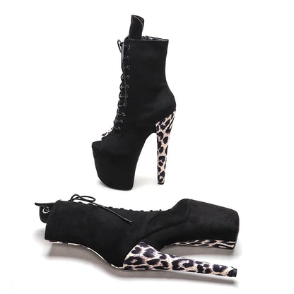 Leecabe 20CM/8 pouces Léopard avec tige en daim blanc Chaussures de pole dance Bottes à talons hauts et plateforme Bottes de pole dance à bout ouvert