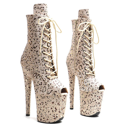 Leecabe  20CM/8inches Glitter Leopard Upper Fashion trend  open toe platform High Heel  stripper heel  Boots Pole Dance boot