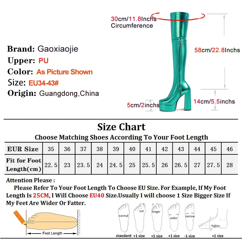 Bottes au-dessus du genou pour femmes, bottes vertes à plateforme, talons hauts, bottes cuissardes en cuir élastique, 14 cm, chaussures de danse fines pour boîte de nuit