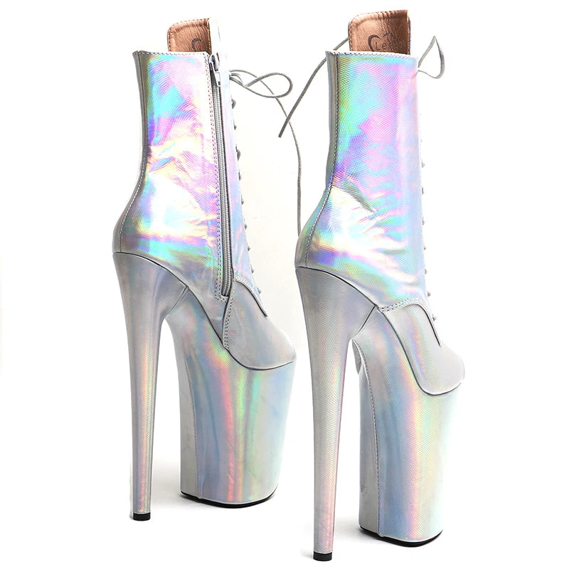 Leecabe 23CM/9 zoll Glänzendes PU Obermaterial silber farbe Mode trend offene spitze High Heels Pole Dance stiefel