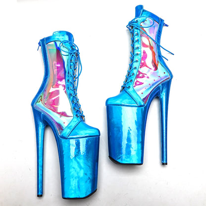 Leecabe 26CM/10 pouces Tige en PU brillant avec holographie transparente sexy exotique plateforme à talons hauts Pole Dance boot