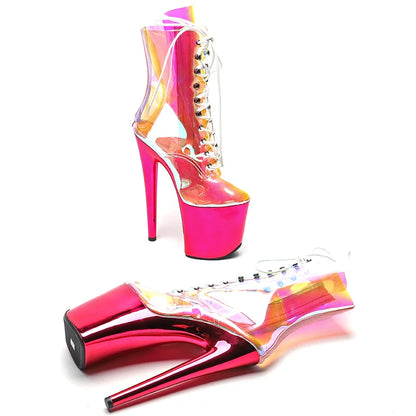 Leecabe  20CM/8inches TPU Transparent  Hot pink color   upper ankle boots fashion shoes  High Heel platform Pole Dance boot