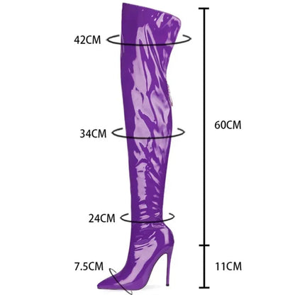 Bottes au-dessus du genou pour femmes en cuir verni à bout pointu avec fermeture éclair et couture, bottes longues pour dames, chaussures à talons hauts sexy Sapatos Femininos