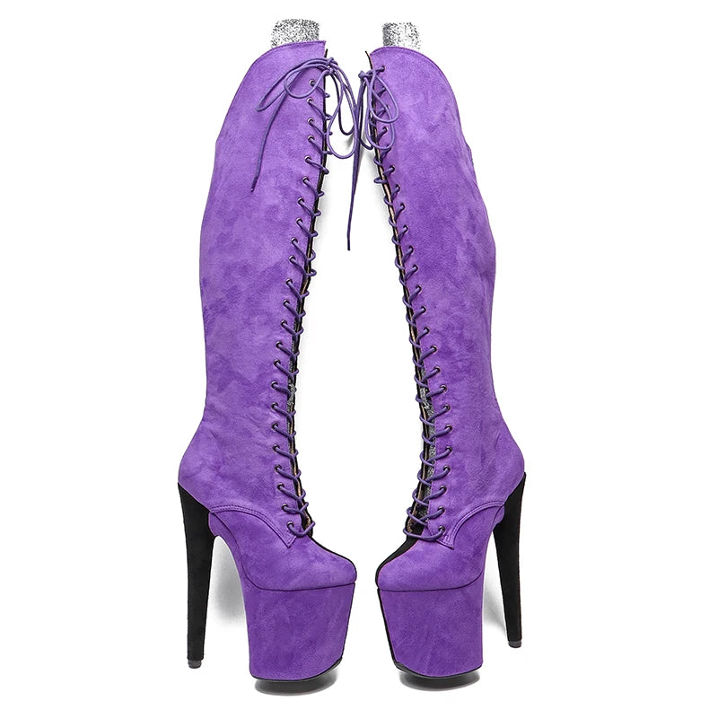 Leecabe 20CM/8 pouces Tige en daim noir avec des chaussures de pole dance violettes Bottes à talons hauts Bottes de pole dance