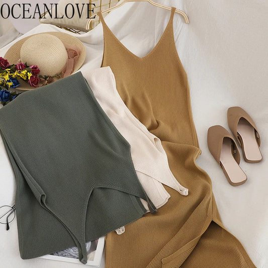 OCEANLOVE V Neck Solid Knitted Dresses Casual All Match Simple Fashion Korean Women Dress Elegant Vestidos New Clothes 15517