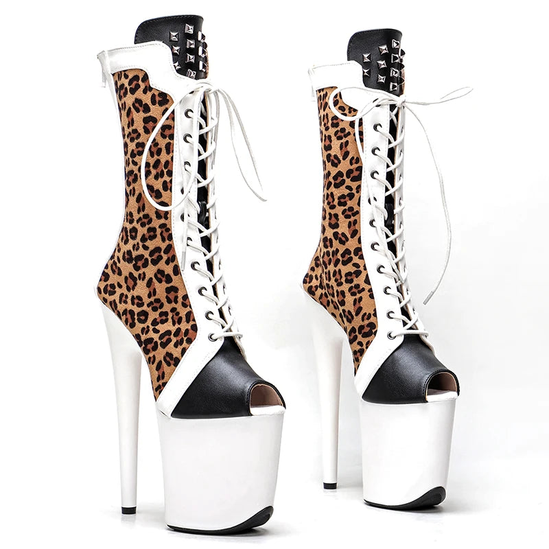 Leecabe 20CM/8Inch Léopard blanc mette PU dessus ouvert mode talons hauts Pole Dance boot