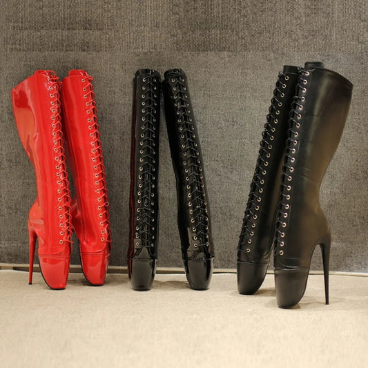 Bottes hautes pour femmes à talons de 18 cm CACA, chaussures de pole dance pour hommes, bottines de ballet fétichistes, bottines gothiques, lacets avant, fermeture éclair latérale. Rouge, personnalisées