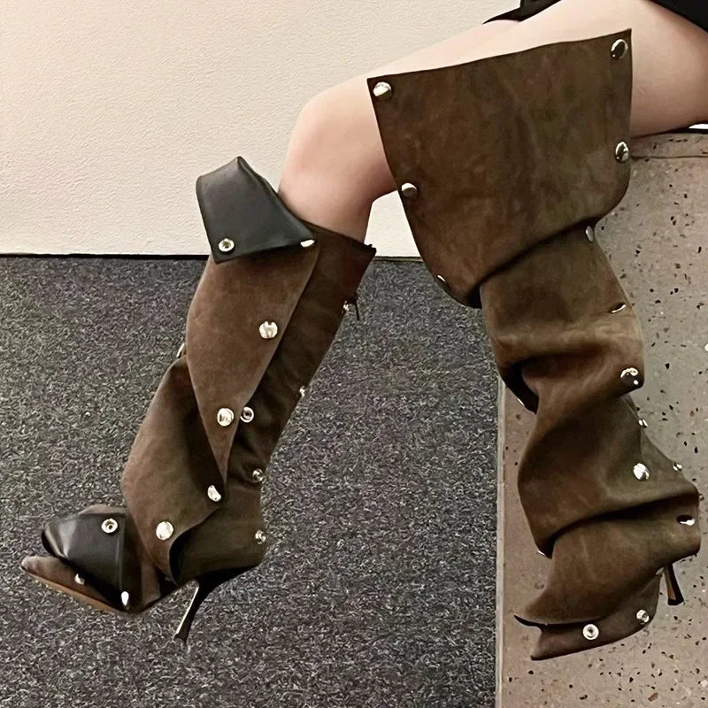 Bottes longues à talons hauts pour femmes, bottes hautes d'hiver, chaussures pour Botas Mujer, bottes en jean pointues à talons fins, chaussures à boutons métalliques