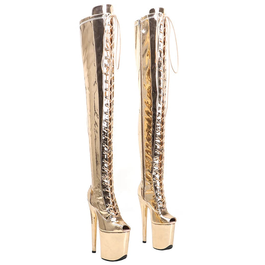 Leecabe  Champagne Holo 20CM/8inches High Heel platform Boots open toe over knee Pole Dance shoes