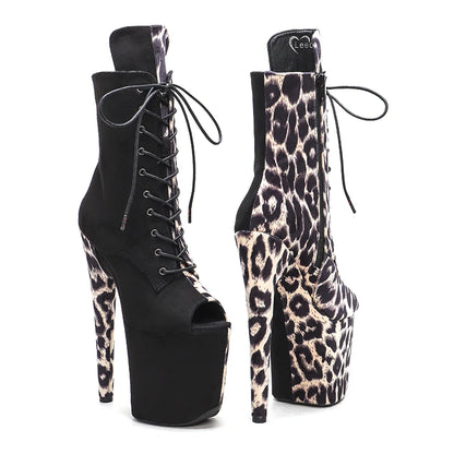 Leecabe 20CM/8 pouces Léopard avec tige en daim blanc Chaussures de pole dance Bottes à talons hauts et plateforme Bottes de pole dance à bout ouvert