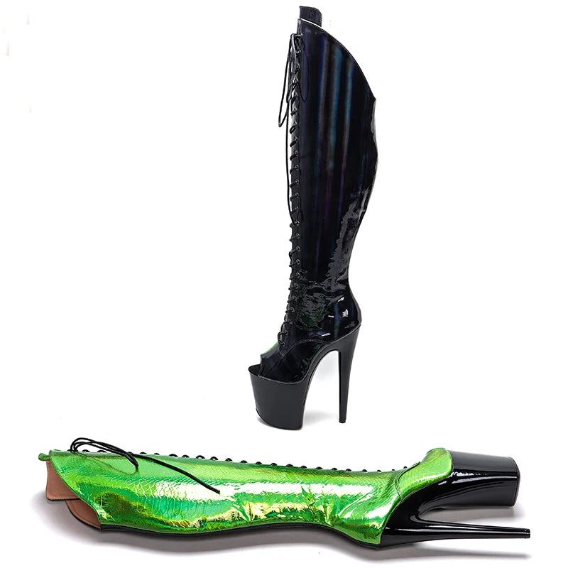 Leecabe 20CM/8Inch Black with green Upper open toe  Platform disco party High Heels Shoes Pole Dance boot