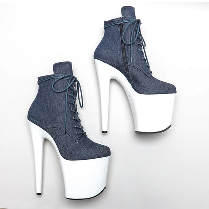 Chaussures de pole dance en denim Leecabe 20CM/8 pouces, plateforme à talons hauts, bottes de pole dance