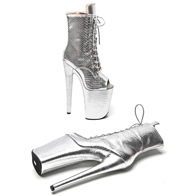 Leecabe 23CM/9 zoll Schlange PU Obermaterial silber farbe Mode trend offene spitze High Heels Pole Dance stiefel