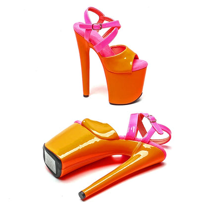 Leecabe 20cm/ 8inches Patent  PU Orange with hot pink Starp    platform  high heel sandals  pole dance shoes