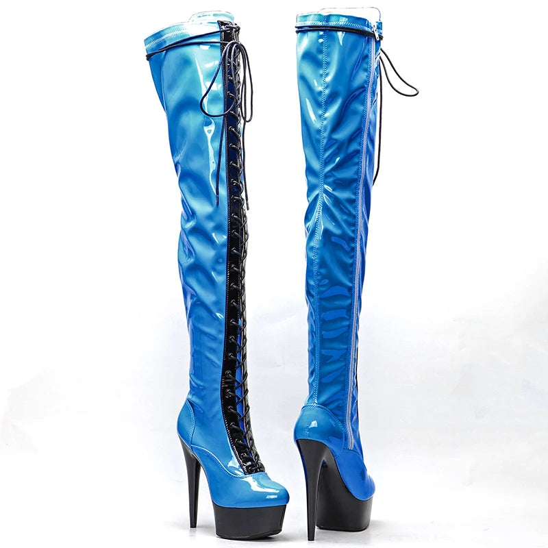 Leecabe 15CM/6Inch bleu verni avec tige noire bottes à talons hauts plateforme bottes de pole dance