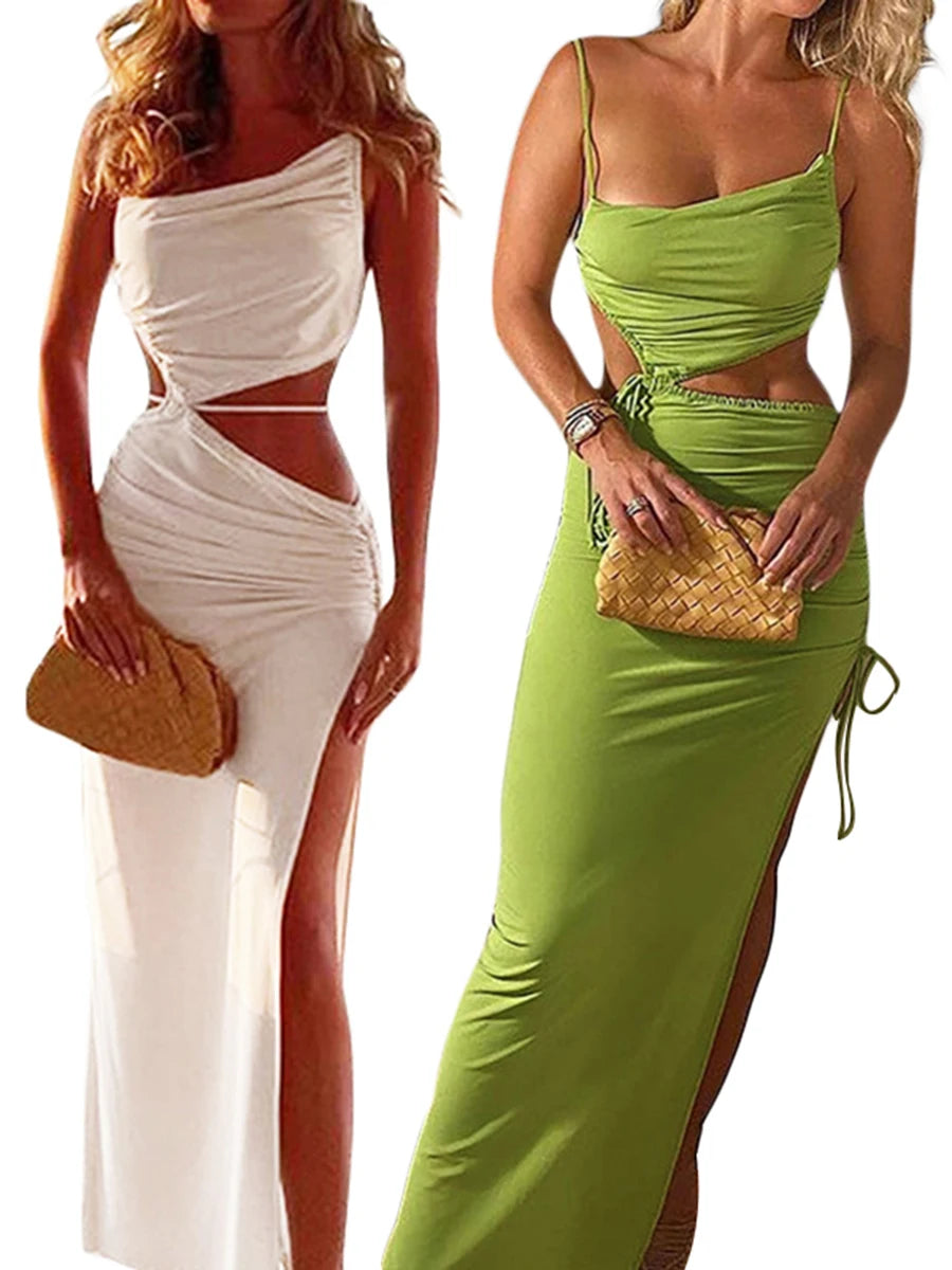 2022 New Summer Beach Casual Sexy Hollow Backless Tie Up Slip Dress Women Low Cut Sleeveless Slim-fit Maxi Dress for Club Party