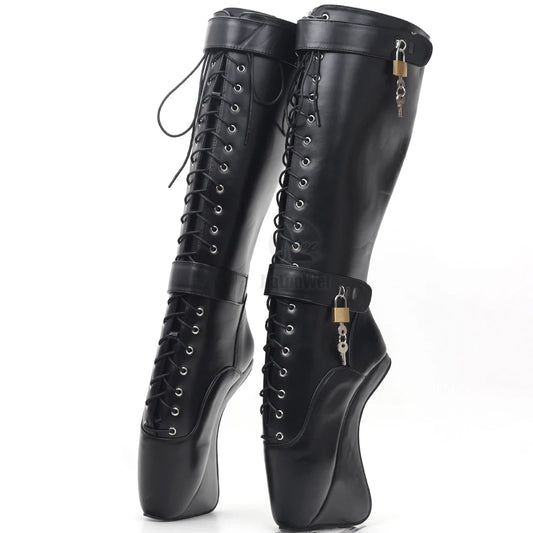 Bottes de ballet au genou pour femmes CACA BDSM, bottines fétichistes sans talon de 18 cm, chaussures de danse pour hommes, bottines hautes à cadenas, couleurs personnalisées, livraison directe