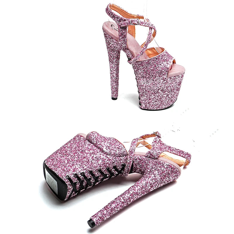 Leecabe 8 pouces/20 cm paillettes supérieures plate-forme talons hauts chaussures à lacets de fête sandales talon strip-teaseuse chaussures de pole dance