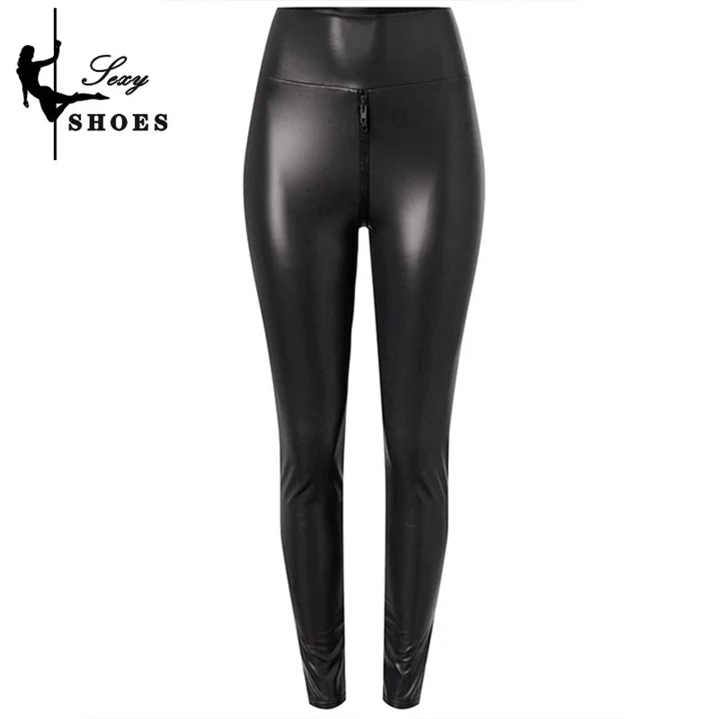 Sexy Open Crotch Shorts Pants for Women Black Matte Leather Double Zipper Bodycon Trousers Ladies Exotic Slim Nightclub Leggings