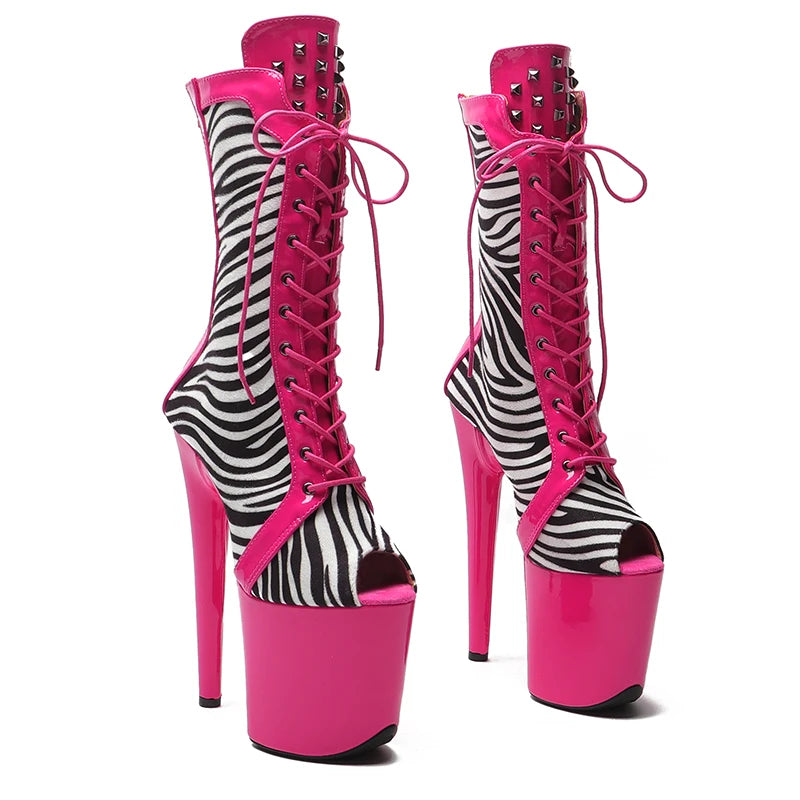 Leecabe 20cm/8inches PU Obermaterial Zebrastreifen mit Lack Fashion Trend High Heel Plateau Pole Dance Stiefel