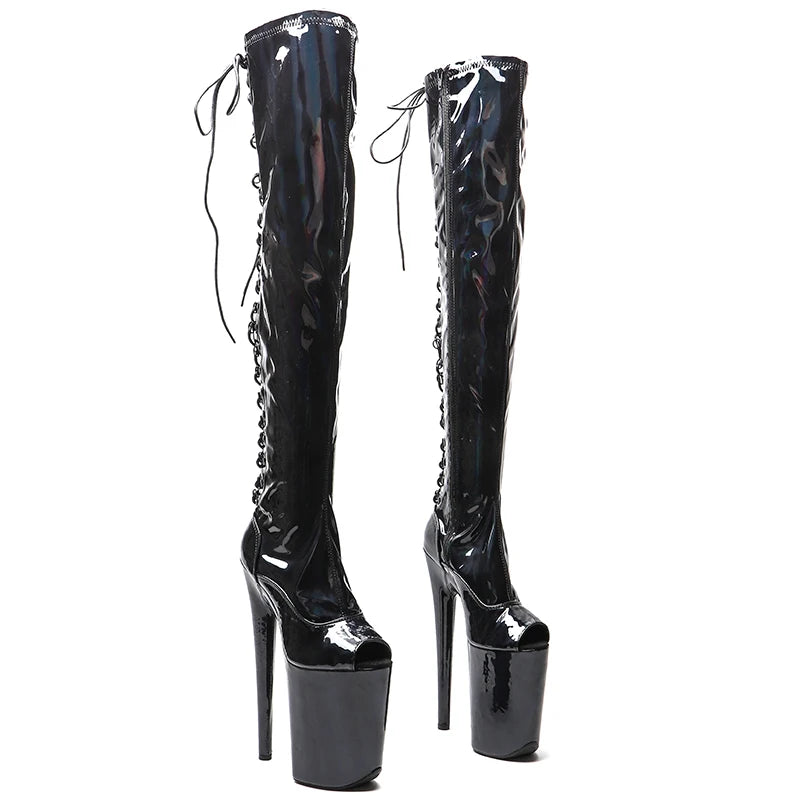 Leecabe   23CM/9inches Shiny  PU Open Toe   fashion  lady  High Heel platform  Pole Dance boots