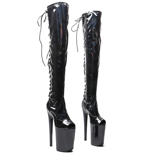 Leecabe 23CM/9inches Glänzend PU Offene Spitze modische damen High Heel plateau Pole Dance stiefel