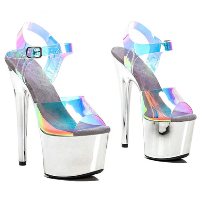 Leecabe 17CM/7Inch Holographique Exotique Sexy Mode Plateforme Sandales Fête Talons Hauts Chaussures Pole Dance Chaussures