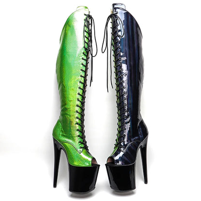 Leecabe 20CM/8Inch Black with green Upper open toe  Platform disco party High Heels Shoes Pole Dance boot