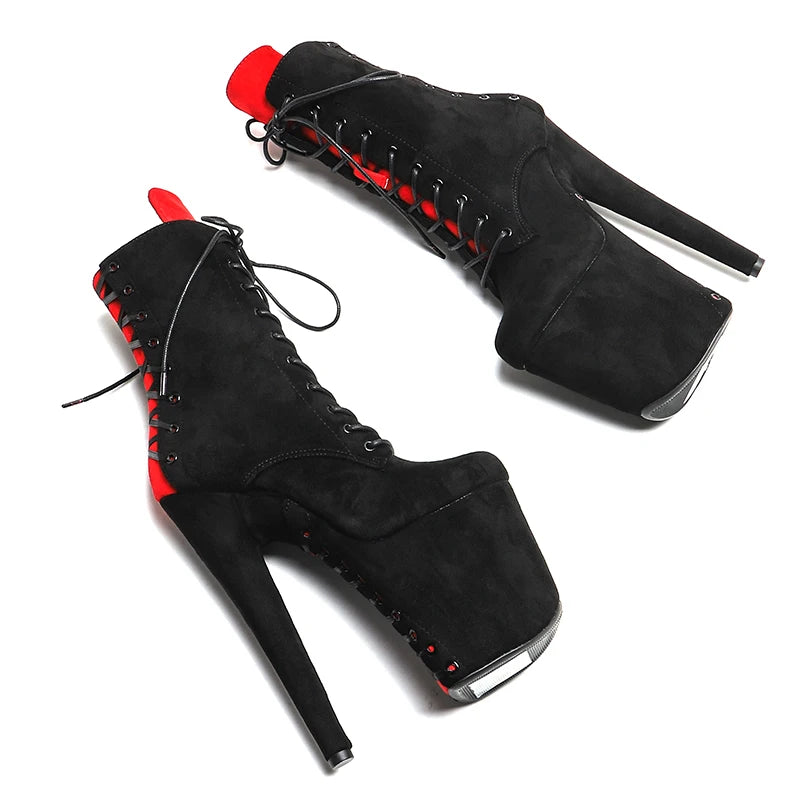 Leecabe 20CM/8 pouces daim noir avec tige de couleur rouge tendance sexy talon haut plateforme Pole Dance boot