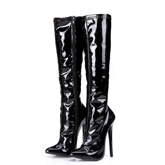 Bottes au genou pour femmes CACA 2023, chaussures de danse en cuir verni, bottines à talons hauts longs, bout pointu, fermeture éclair latérale, noir, rouge, 16 cm, 14 cm, livraison directe