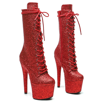 Leecabe  17CM/7inches Glitter Upper  PU  material High Heel platform Pole Dance boots