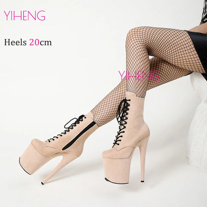 Sexy Exotic Beige Suede 20cm 8Inch Pole Dance Boots Stripper Heels Platform Women Ankle Boots Lace-up Zip Striptease Shoes