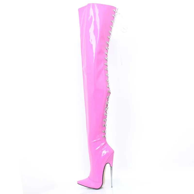 Bottes hautes pour femmes CACA, chaussures de pole dance pour hommes, lacets sexy dans le dos, longues bottes croisées, cuir verni, personnalisées, livraison directe