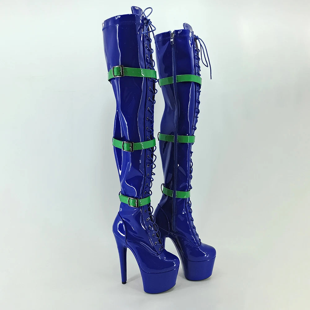 Leecabe Blue PU 17CM/7inches Pole dancing shoes High Heel platform Pole Dance boot