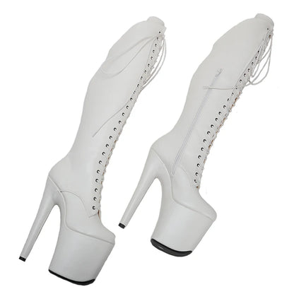 Leecabe Chaussures à talons hauts en PU blanc de 20 cm/8 pouces pour femme, chaussures de soirée disco, bottes de pole dance