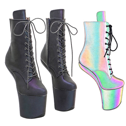 Leecabe PU oberen Reflektierende material Heelles Stil Sexy Exotische Pole Dance Stripper junge trend mode farbe passenden schuhe