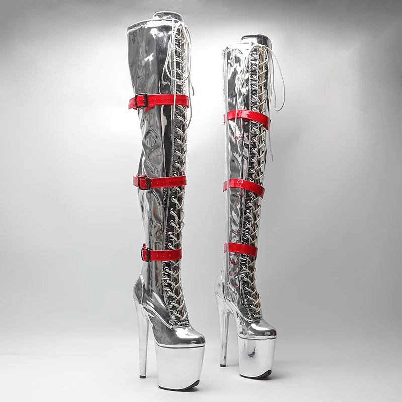 Leecabe  20CM/8inch  Silver  with  Red  Patent  Fashion trend Pole dancing High Heel platform Boots