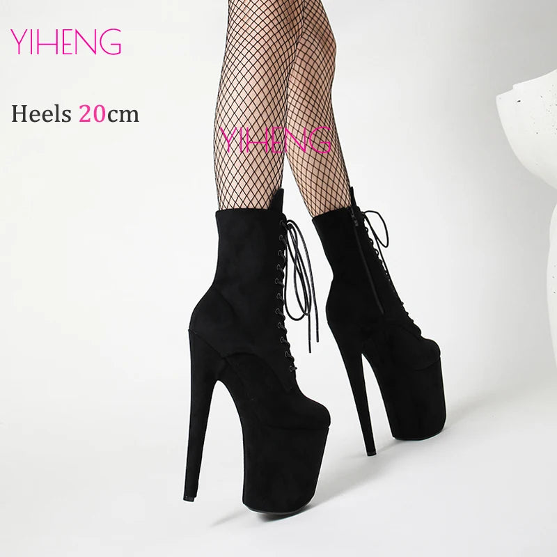 20cm Sexy Black Platform Pole Dance Shoes High Heels Laces Round Toe Low Leg Stripper Heels Black Suede Ankle Boots