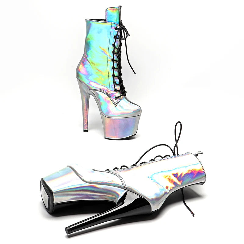 Leecabe Holo Shiny PU Upper 17CM/7 pouces Chaussures de pole dance Bottes à talons hauts Chaussures de pole dance