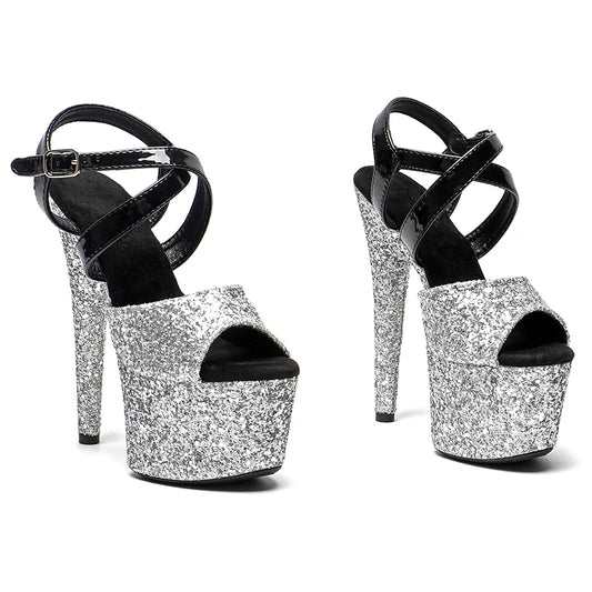 Leecabe 17CM/7Inch   Black  shiny Patent PU with   Silver Glitter party  Platform High Heels Pole Dancing Sandals Shoes