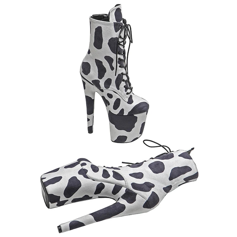 Leecabe 20CM/8 pouces daim motif vache tige mode tendance plate-forme talon haut stripper talon pole dance boot