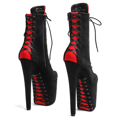 Leecabe 20CM/8 pouces daim noir avec tige de couleur rouge tendance sexy talon haut plateforme Pole Dance boot