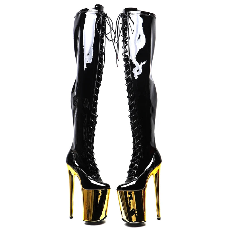 Leecabe  23CM/9inches Patent  PU  upper Sexy boots  Open Toe Gold  electroplate High Heels Platform Pole Dance shoes